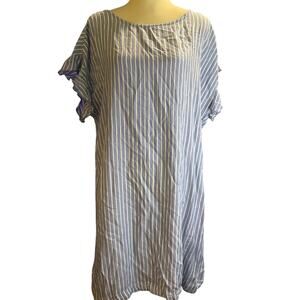 BeachLunchLounge Blue & White Striped Ruffle Sleeve Dress, Tencel Blend, Medium